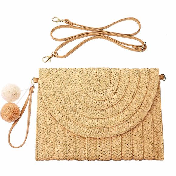 Straw Shoulder Bag Straw Clutch Crossbody WalletLht Brown xD - Picture 1 of 6